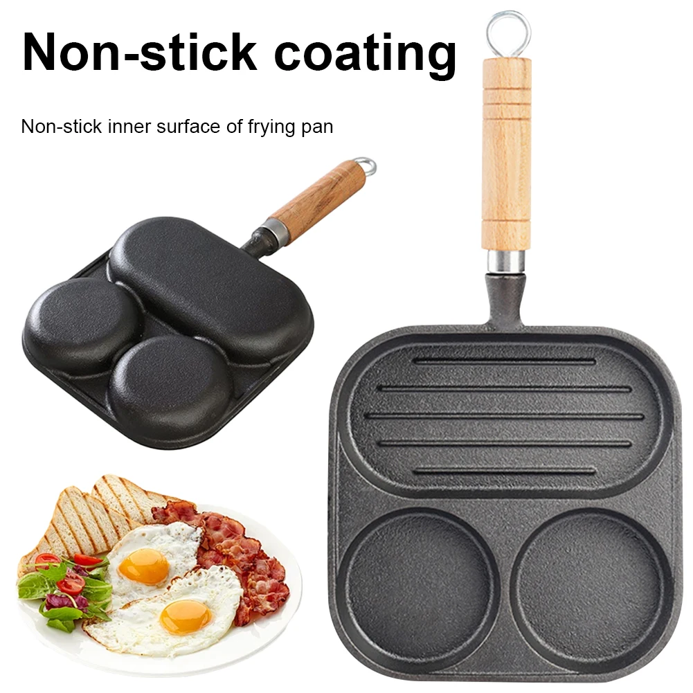 Cast Iron Kitchen Egg Frying Pan 3 Section Divided Non-Stick Steak Cooking Grill Pan Egg Pancake Steak Pan Kitchen Cooking Tool