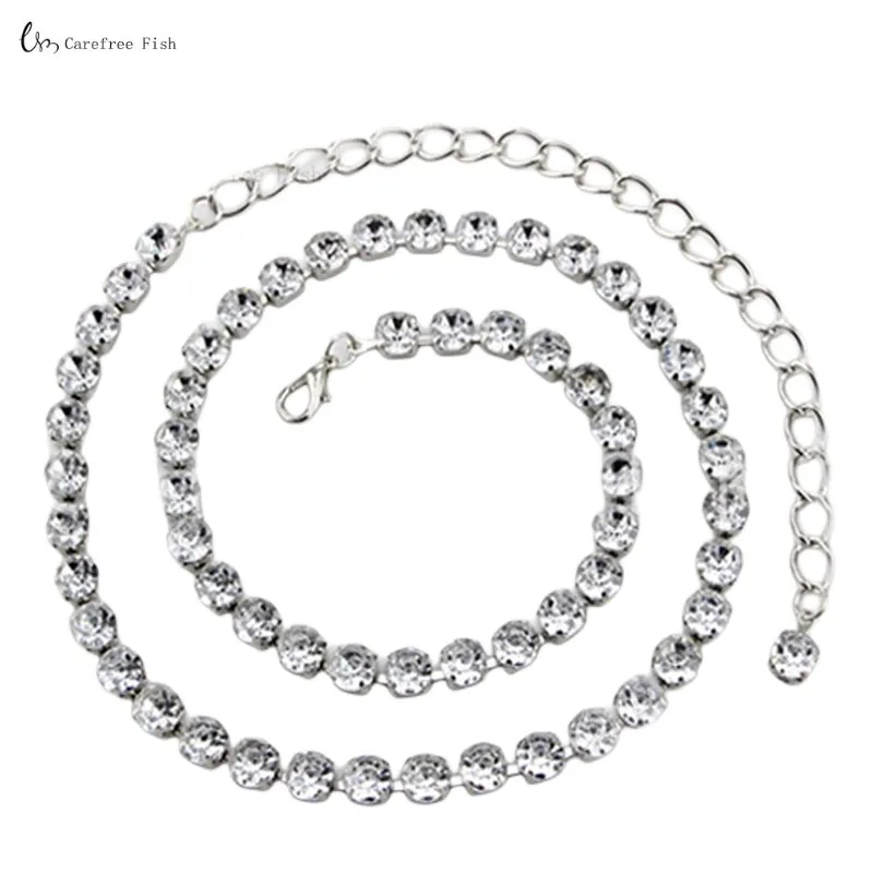 Cadena de vientre de diamantes de imitación para mujer, vestido de una pieza de metal que combina con todo, Cinturón fino alargado para mujer