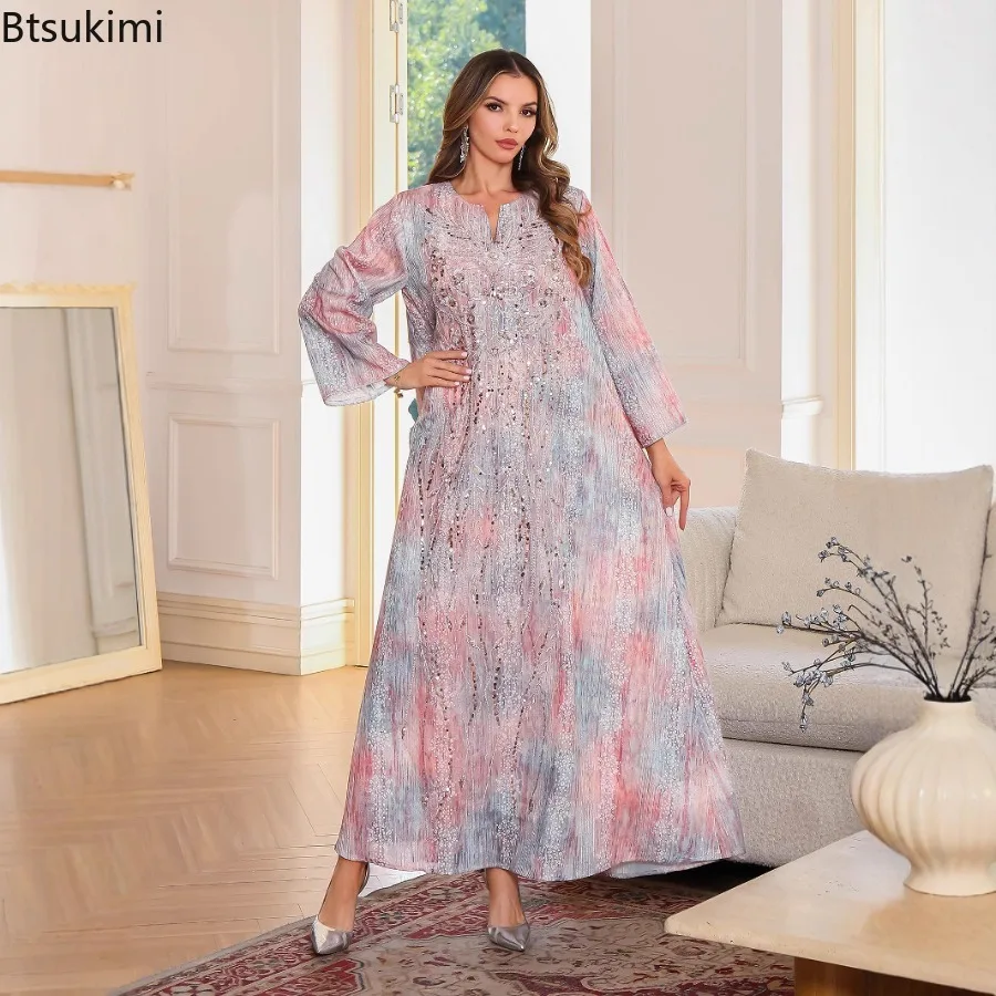 

Новые весенние мусульманские модные абайи для женщин: элегантные вечерние платья, роскошные вышитые пайетками макси-платья, арабские дубайские кафтаны-робы