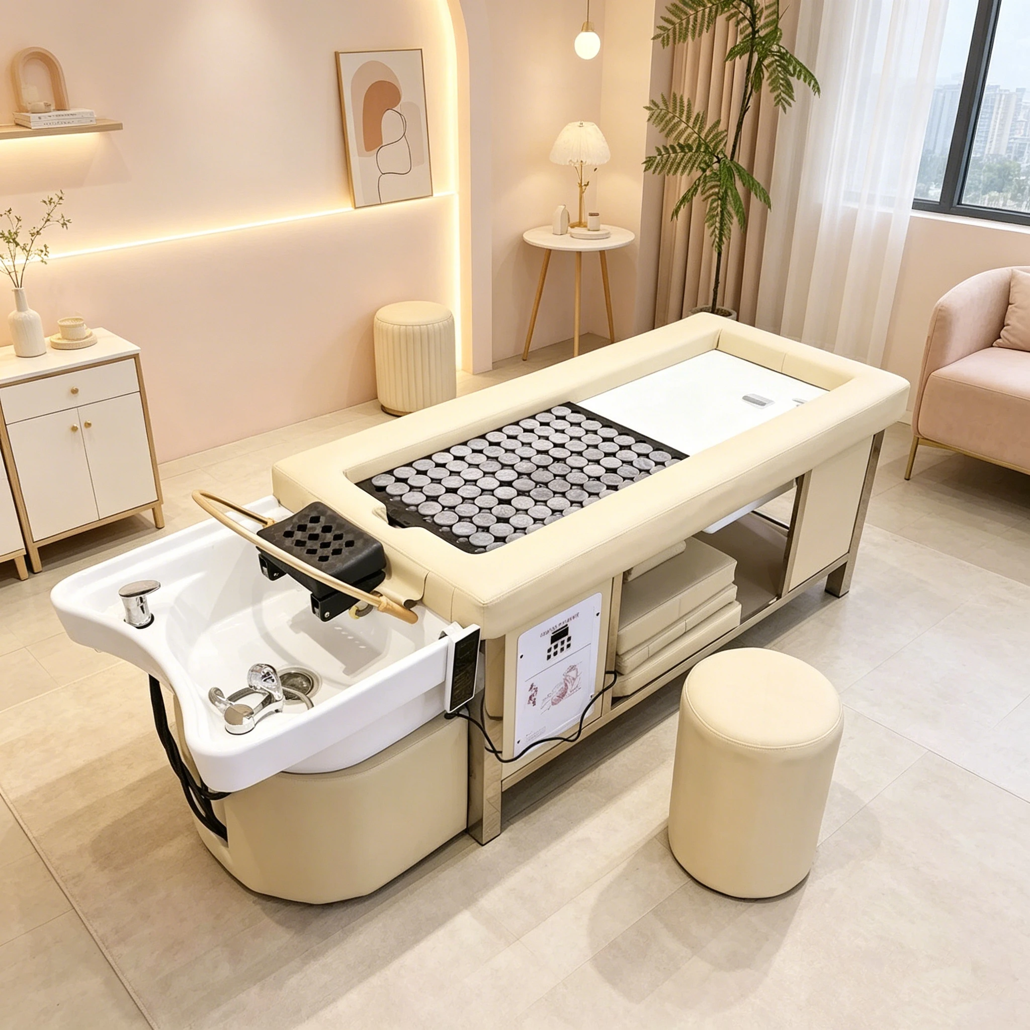 

Thai Style Hair Washing Bed Combined With Moxibustion, Ceramic Basin, Equipped With Fumigation Machine and Lid, Small Stool