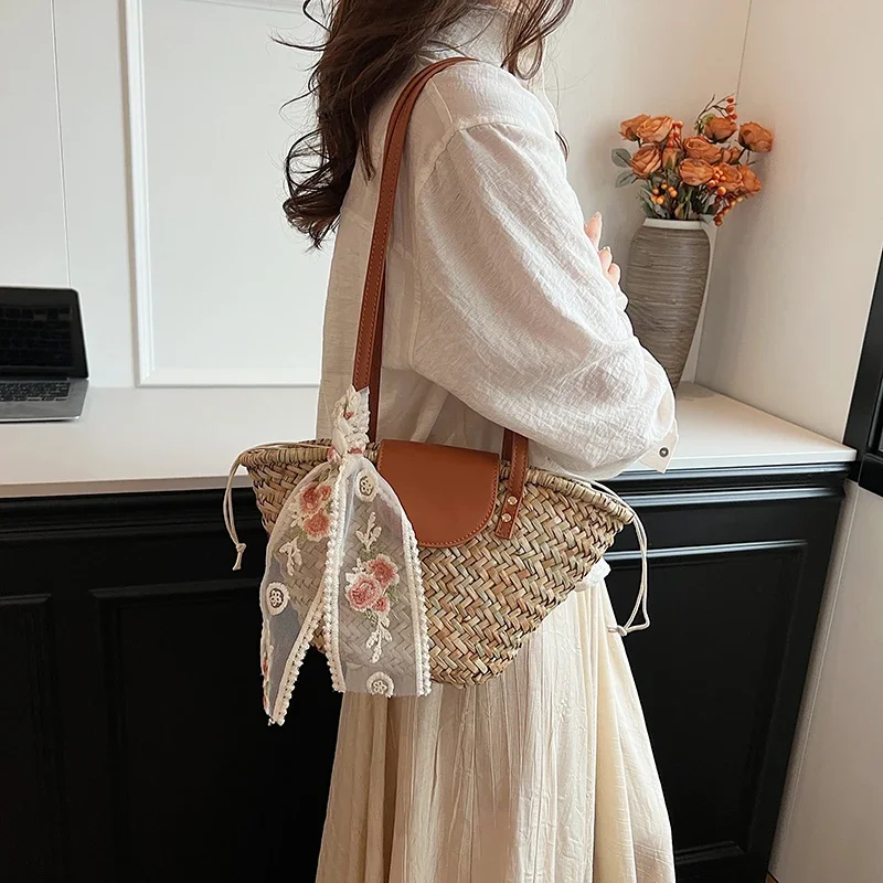 Brand Design Hand-woven Leather Patchwork Straw Shoulder Bag Women's Small Tote Bag Summer Bali Travel Holiday Seaside Beach Bag