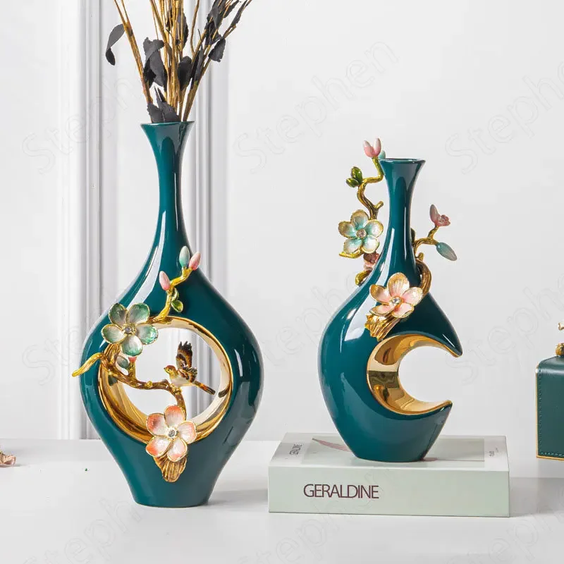 New Chinese Enamel Colored Vases Embossed Gold Plated Ceramic Vase Ornaments Modern Creative Lceramic Iving Room Decorations