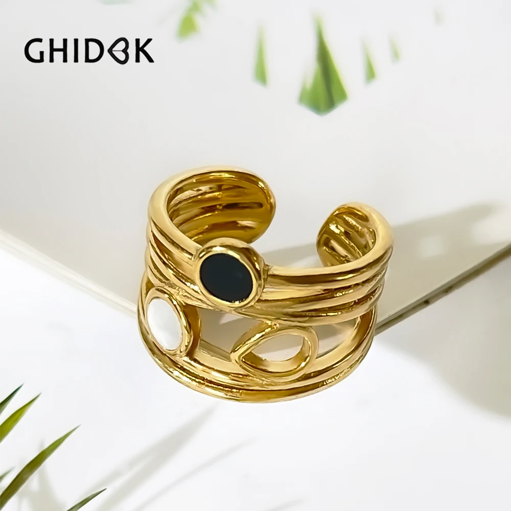 GHIDBK Dainty Mix Black White Natural Shell Wide Open Band Ring for Women Stainless Steel Gold Plated Monther of Pearl Rings