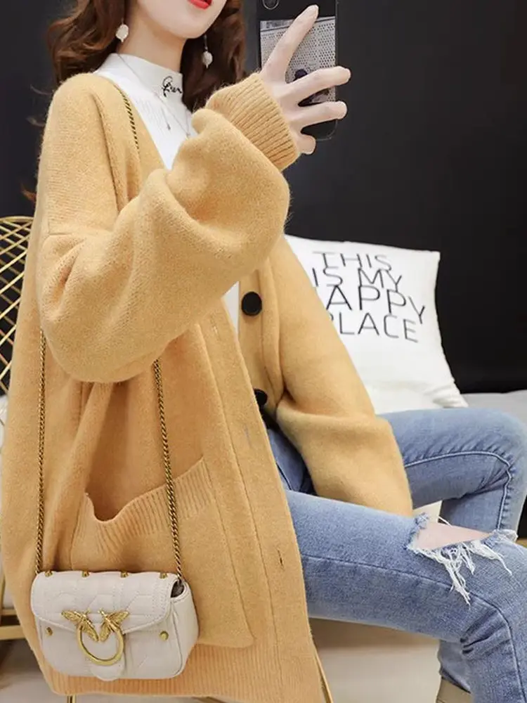 

Свободный женский вязаный топ Jaet Spring Faion Lazy Sle Верхняя одежда с открытым кардиганом Long Sve V-Ne на пуговицах стандартной посадки