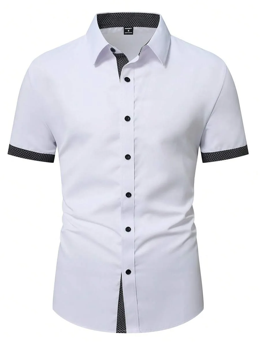 Spring Summer New Men Clothes Short Sleeve Spell Color Shirt 95% Polyester 5%Spandex