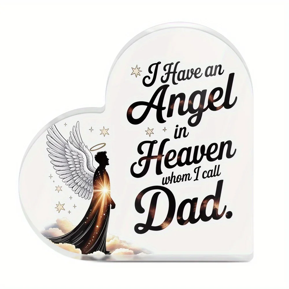 Clear Heart Shaped Acrylic Stand Male Angel Cloud Star Sympathy Loss Of Father Table Ornament