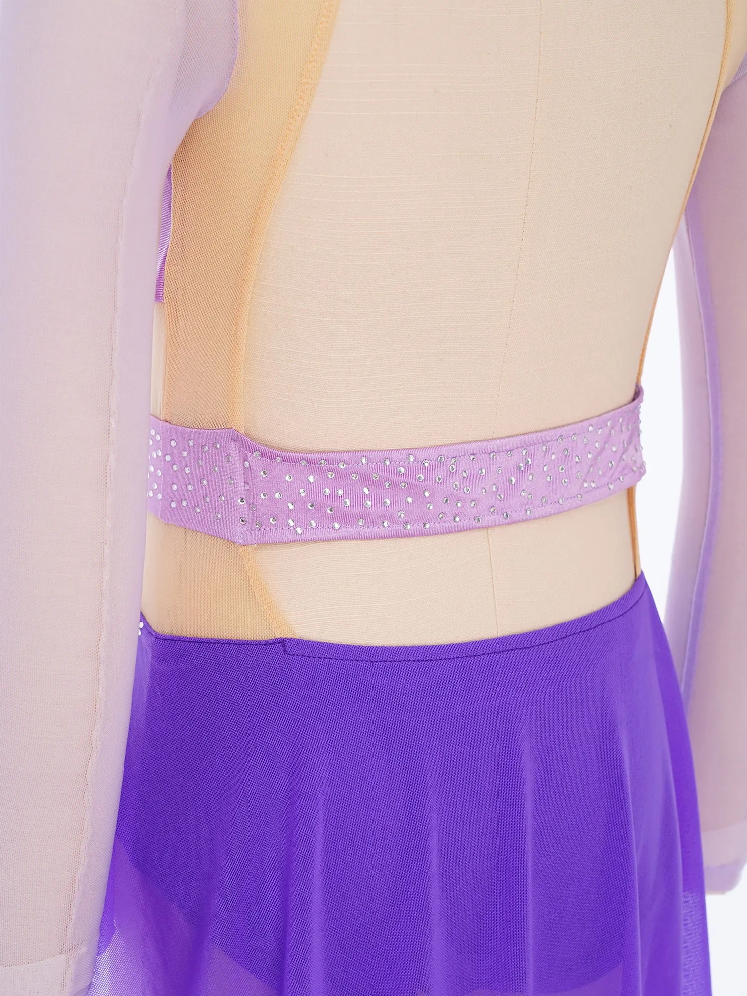 Maglia da balletto per ginnastica per ragazze Costume da ballo moderno per pattinaggio lirico Collo a lupetto Manica lunga Strass lucidi Body con gonna in rete