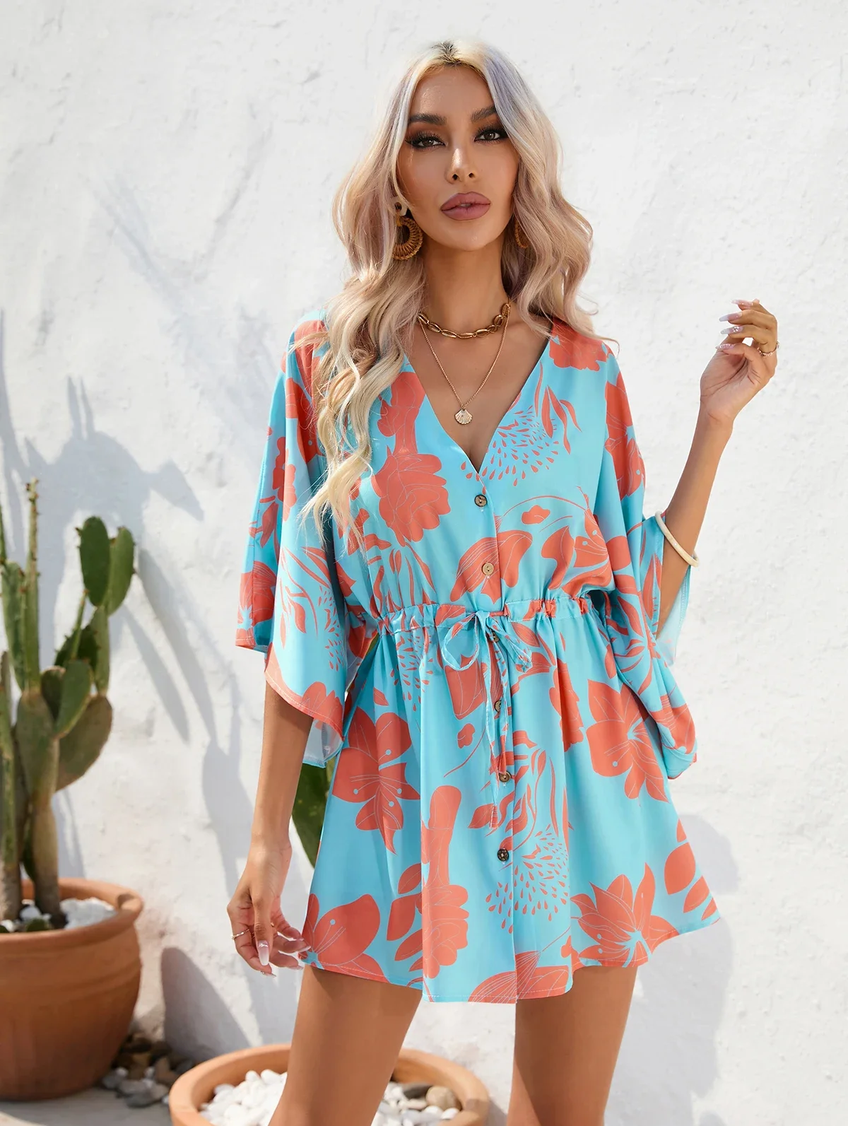 Summer Casual Dress Women Fashion Flying Sleeve V-neck Print Beach Party Dresses Elegant Lace Up Mini Dress Robe Femme 2023 New