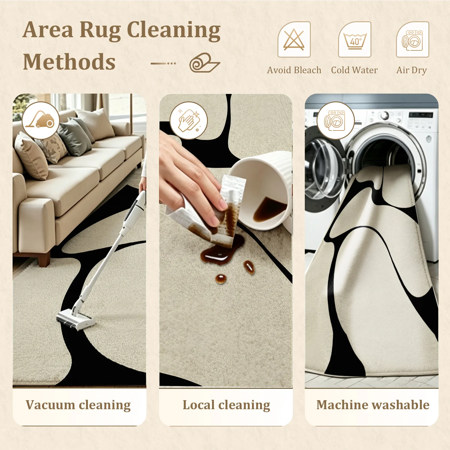 Large Indoor Area Rug, Soft Velvet Low Pile Non-slip Dotted Backing, Machine Washable Modern Abstract Black Beige Organic Pattern, Ideal for Living Room and Bedroom Home Decor - view 8