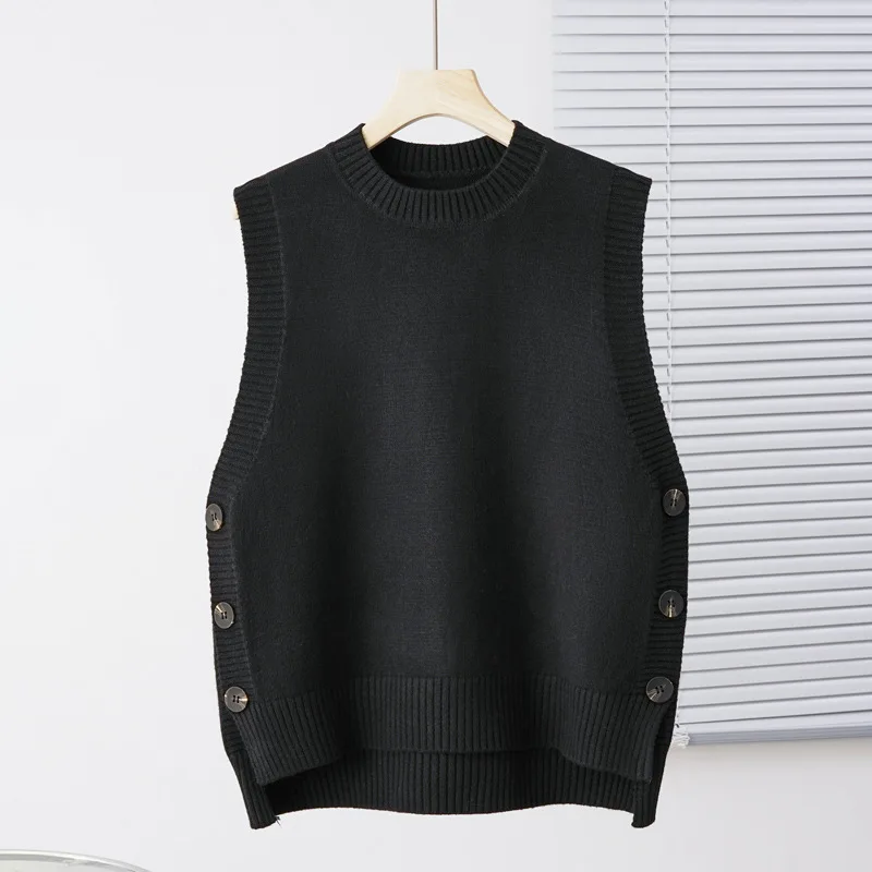 #3935 Asymmetrical Sweater Vest Women Side Buttons Knit Pullover Vest Round Neck Outerwear Short Knitwear Vest Femme Solid Color