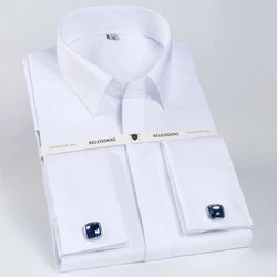 Men's Classic French Cuff Hidden Button Dress Shirt Long-sleeve Formal Business Standard-fit White Shirts (Cufflinks Included)