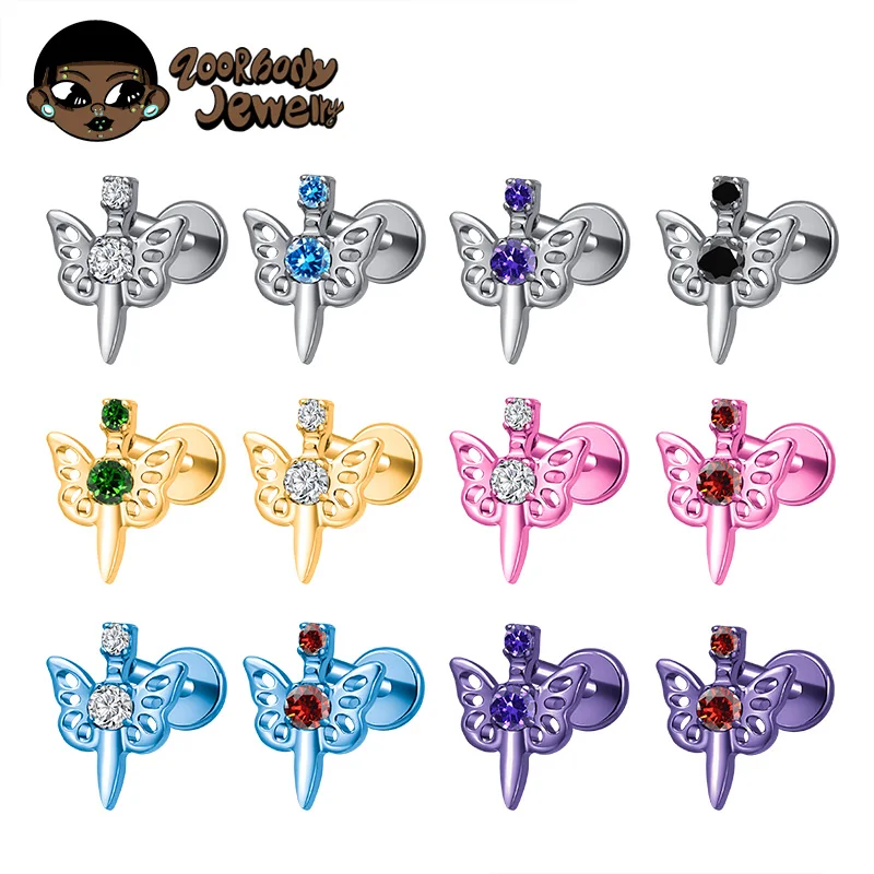 ZOOR ASTM F136 التيتانيوم فراشة خنجر شقة الظهر Labret السيف قرط الاذن المرصع الغضروف اللولب الزنمة الأذن مربط الغضروف ثقب