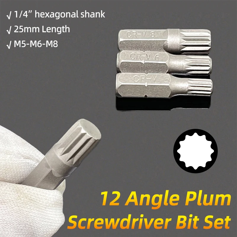12 Angle Screwdriver Bit Plum Blossom 12 Point Torx Screw Driver Bits 1/4” Hex Shank M5 M6 M8 25mm Car Auto Repair Hand Tools