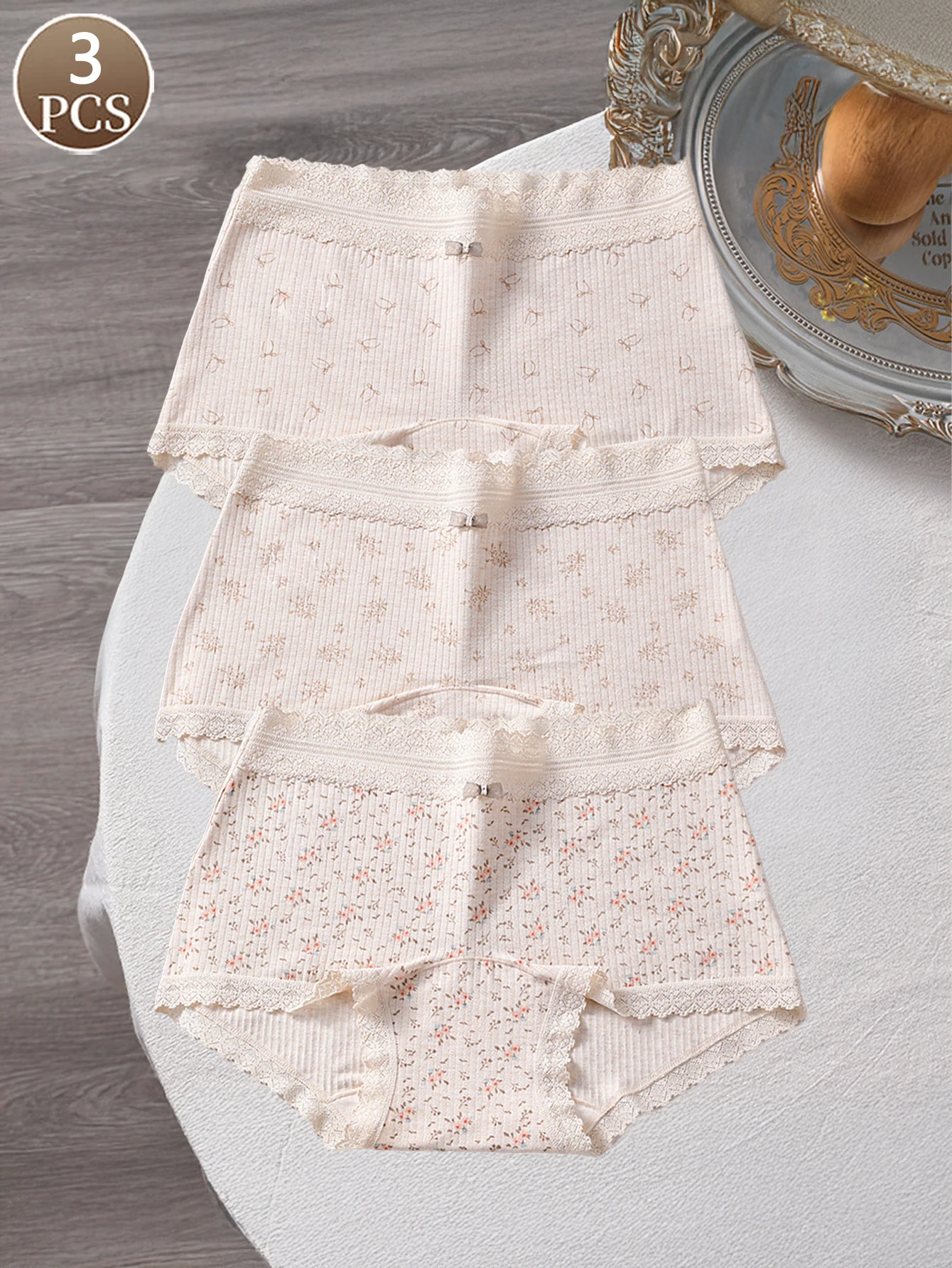 3PCS women's panties sweet flower print lace fashionable casual sports underwear mid waist comfortable women's boxer shorts