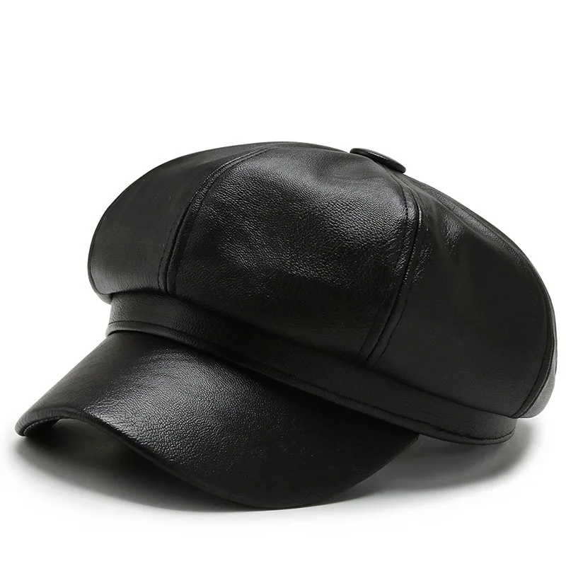 Women Men PU Leather Berets Hat Retro British Solid Beret Baseball Cap Outdoor Sun Hat Winter Warm Octagonal Hats Caps