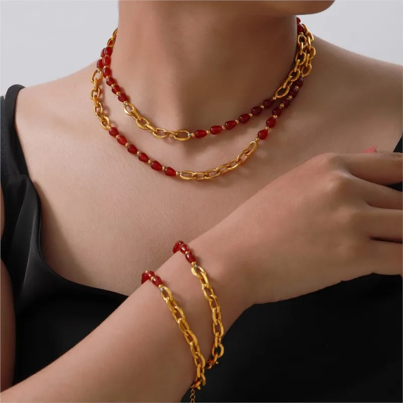 Red Agate Combined Stainless Steel Necklaces Bracelet For Women Gold Plated Women's Link Chain Necklace Bracelets Jewelry Sets
