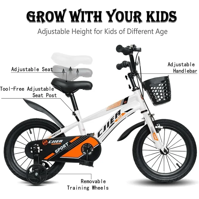 Bicicleta infantil de 14 polegadas com rodas de treinamento/suporte para idades de 3 a 12 anos, bicicleta esportiva, opção de cores múltiplas