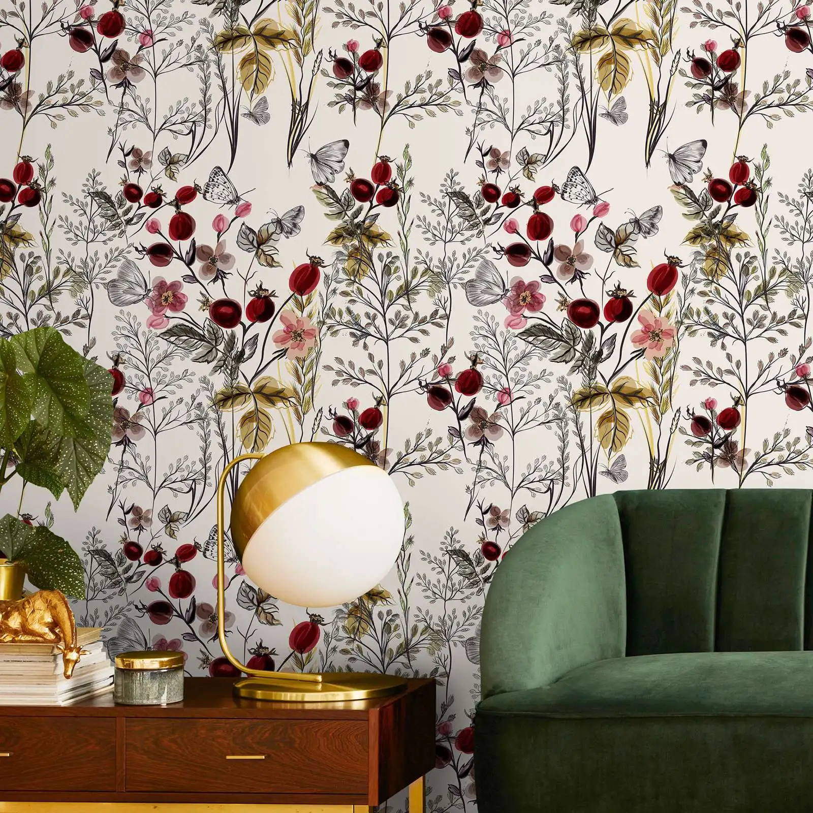 Vintage Botanical Wallpaper Peel and Stick,Red Berry & Butterfly Wall Mural,French Country Home Decor,Self-adhesive /Traditional