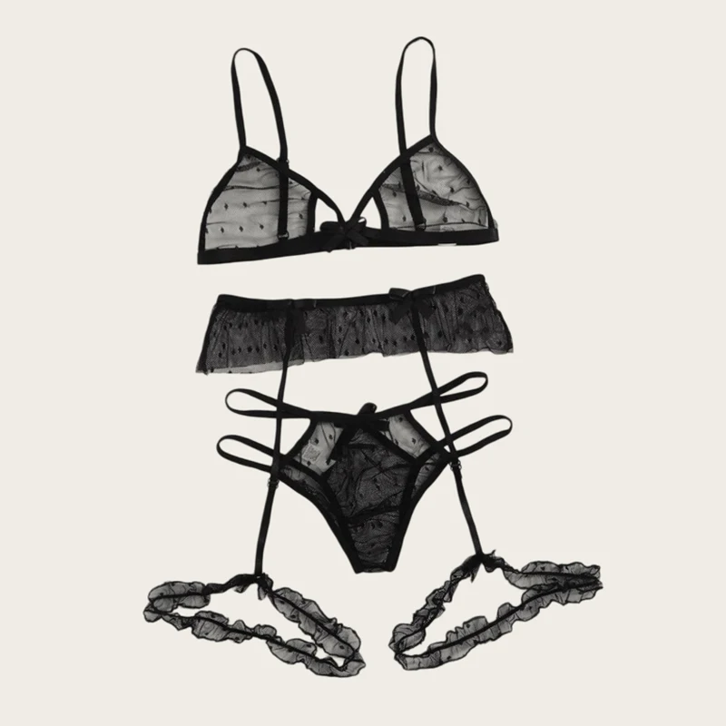 Bra set Women Sexy Mesh Lingerie Set Polka Dot Transparent Harness Lingerie Hollow Out Bralette+Garter+Thong 3pcs Underwear Set
