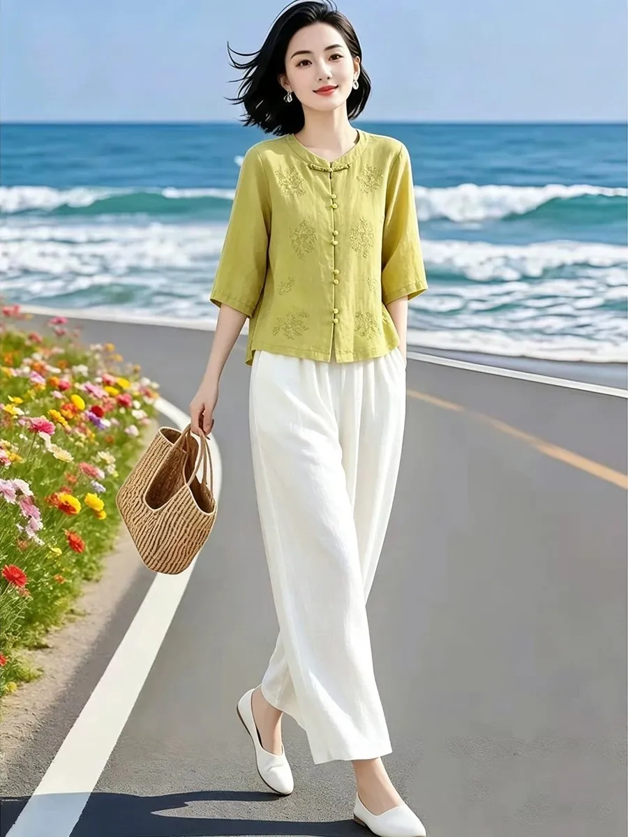 New Chinese Style Cotton Linen Shirt And Wide Leg Pants Set Women Summer Five Sleeve Button up Casual Fashion Ensemble