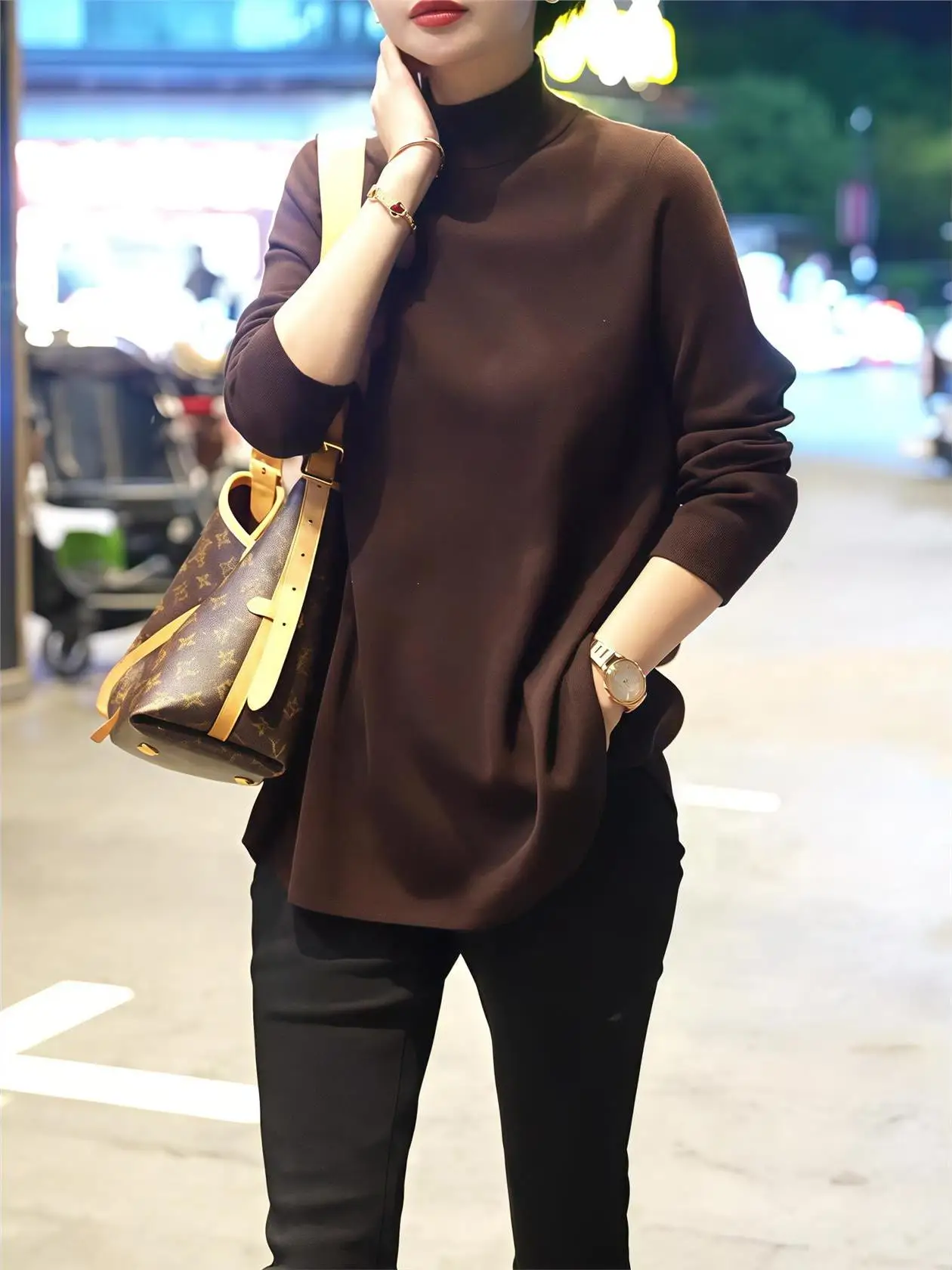 

Cé Brown f High Collar Long Sve Women's Autumn Winter Faionable Slimming Versatile plus Size Top Ele Sle