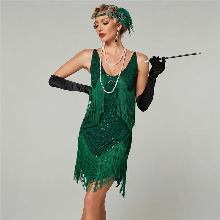 Women's Retro Style Sequin Dress V-Neck Cami Long Fringed Vestidos Flapper Costumes Gatsby Fashion Party Ball Evening Dress