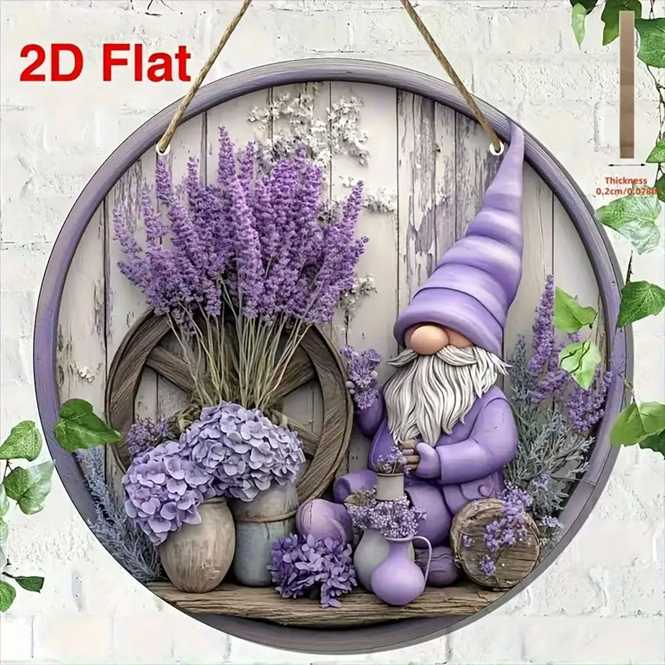 Round Wooden Hanging Sign Purple Gnome Lavender Hydrangea Design 2D Flat Wall Decor For Front Door Farmhouse Home