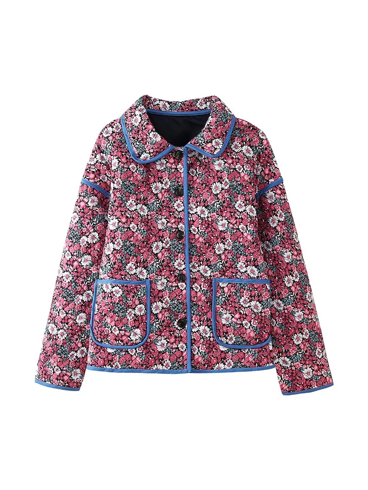 

European style new women's fashion versatile temperament long-sleeved lapel single-breasted floral cotton coat