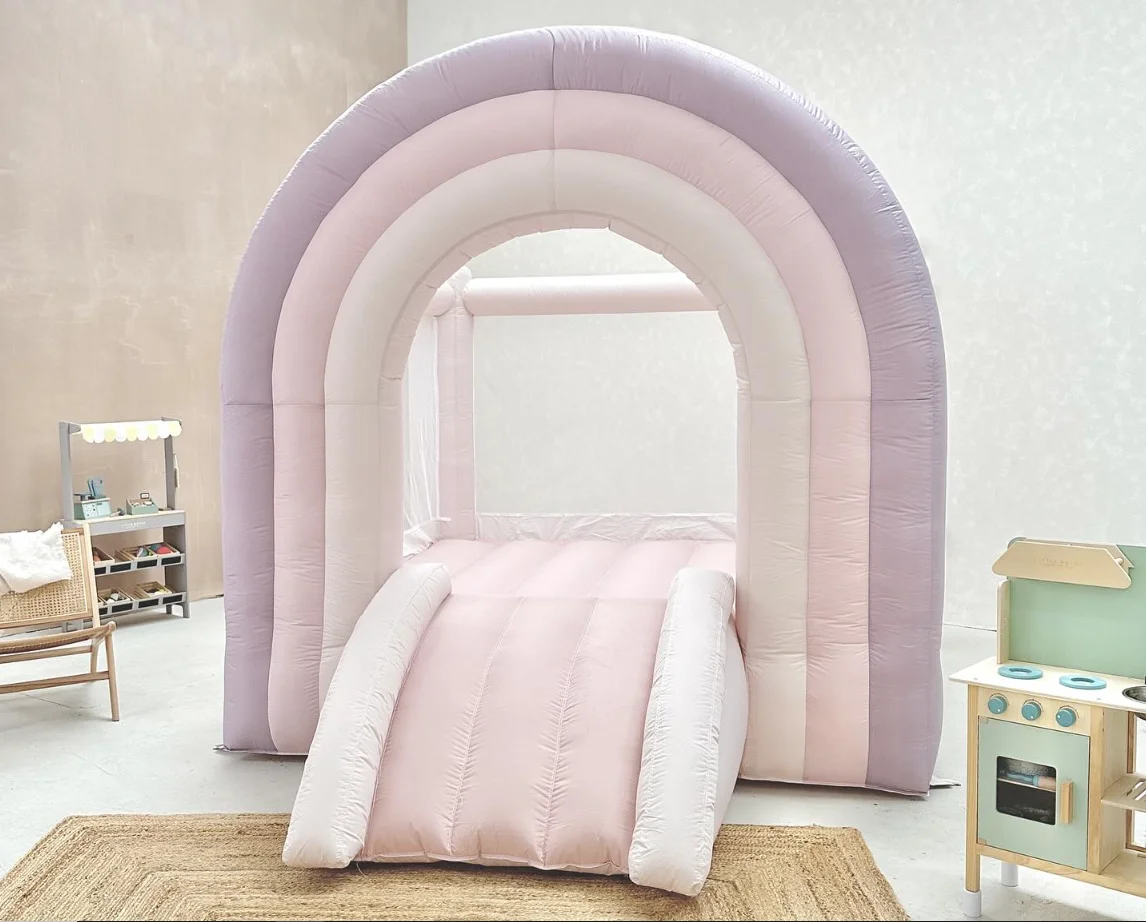 Joeefunmoo Pink Rainbow Children Inflatable Mini Castle Indoor Bouncy House with Slide Jumping Bounce House for Amusement