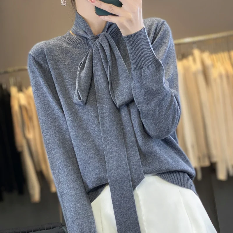 Pulôver feminino de manga comprida com gola redonda, suéter de caxemira, blusa tricotada, novo, outono e inverno