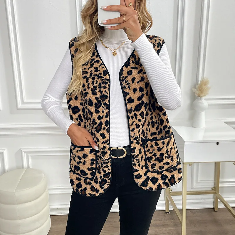 Chic 2026 Korean Sweet and Cool Wind Vests Coats Women Sleeveless Leopard Print Imitation Lamb Wool Vest Cardigan Y2K