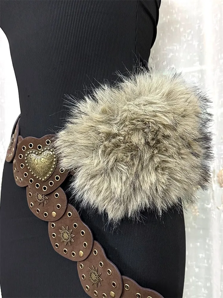 Women's Fashion Fur Patchwork PU Leather Heart Corset Female Cummerbund Coat Waistband Dress Decration Wide Belt J1326