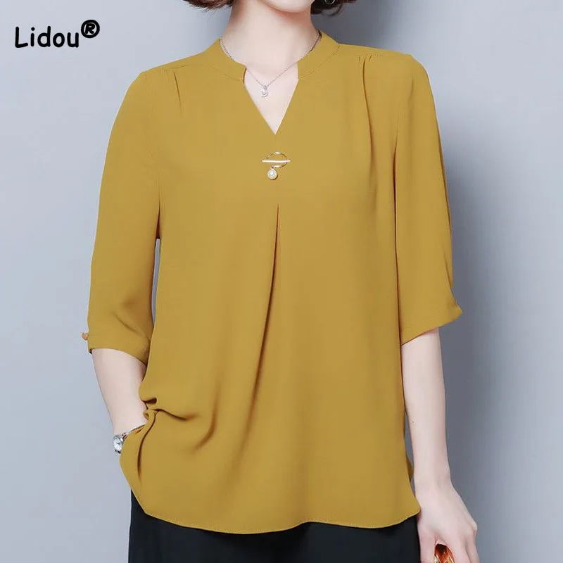 Summer Loose Simplicity Solid Color Chiffon T-shirt Women\'s Clothing Fashion All-match V-Neck Spliced 3/4 Sleeve Tops Female