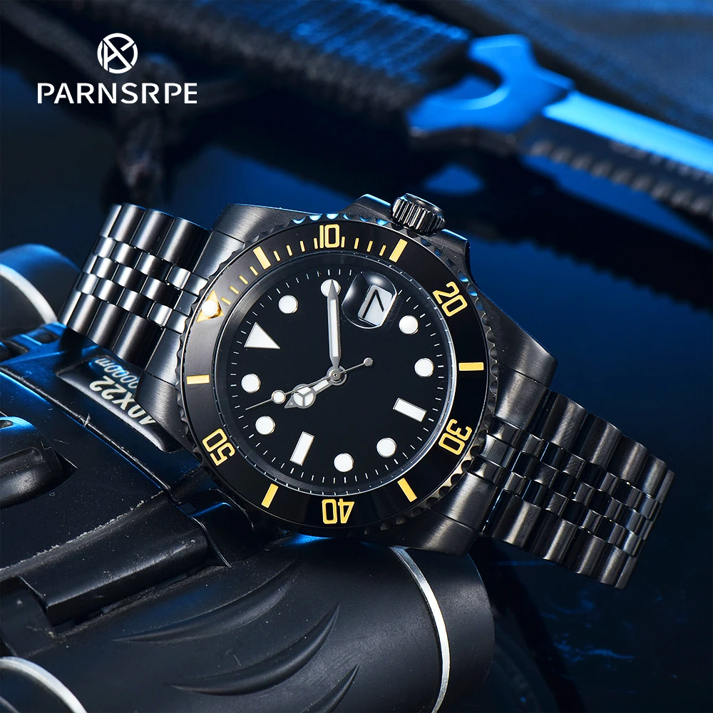 PARNASREE Yacht 40mmMen's Mechanical Watch Automatic Movement Aseptic Luminous Dial Stainless Steel Case Black Circle Gold Words