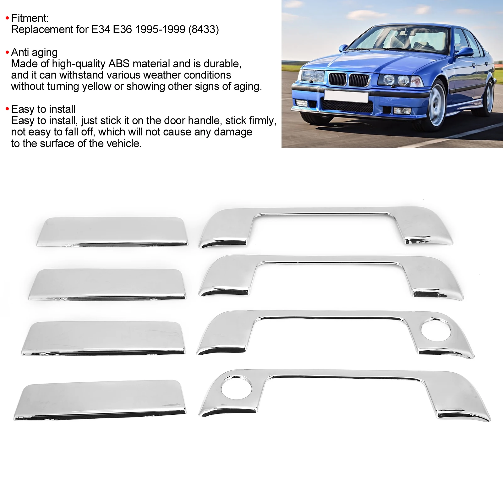 8PCS Car Accessory Door Handle Frame Strip Cover Automobile Outer for BMW E34 E36 1995‑1999 Puller Trim Replacement Chrome