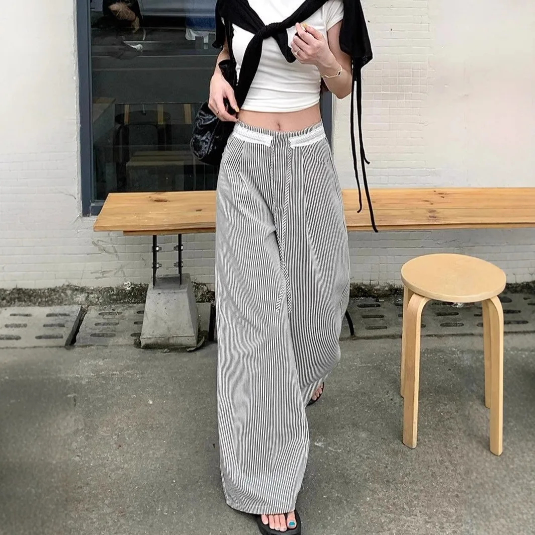 Striped Element Lace Waistband Splicing Design Women's Autumn New Drawstring High Waist Slimming Loose Casual Pants