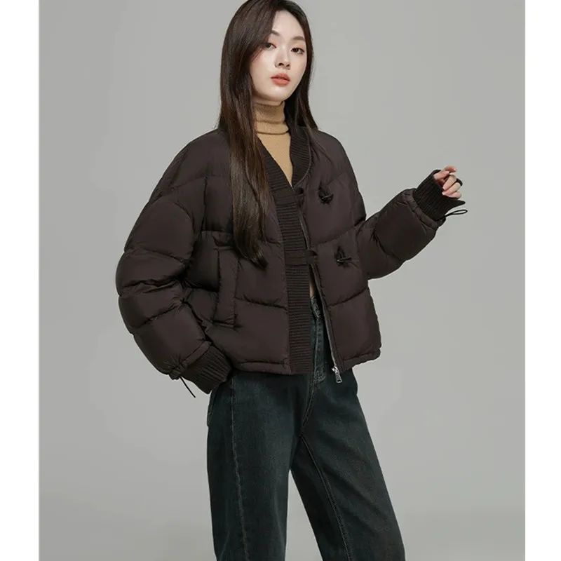 Jaqueta curta de malha para mulheres 2025 inverno novo 95% pato branco para baixo pequena fragrância casaco grosso feminino casual topo