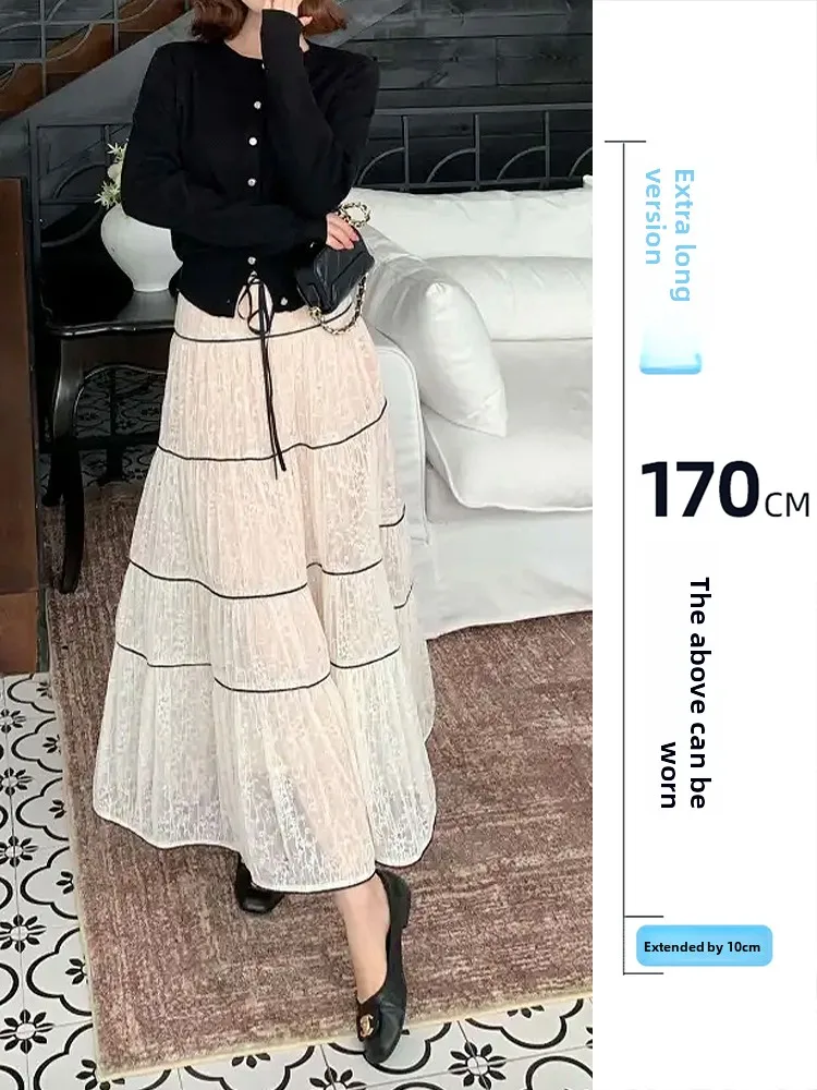 

Юбка с объемной вышивкой и кружевом, женская, весна-осень, с высокой талией, драпированная, А-силуэт, многоярусная, длинная версия для высоких женщин