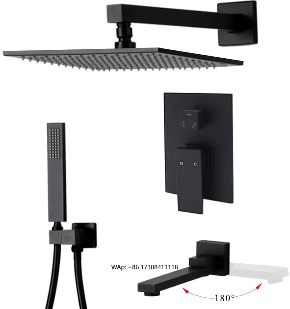 10-Inch rain shower head system with folding tub spout, handheld wall-mounted black shower, modern design 3-year warranty
