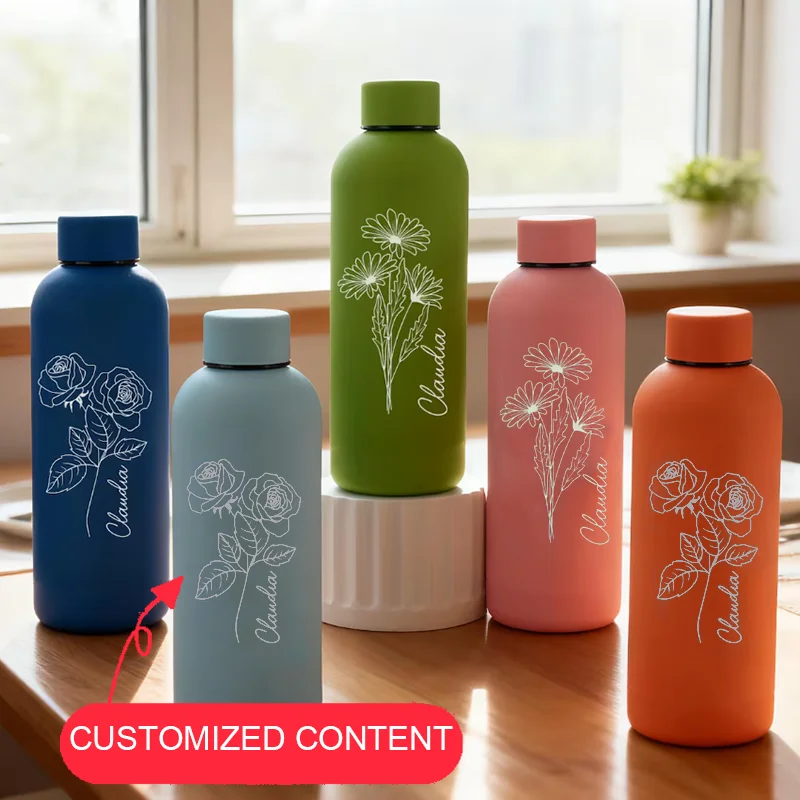 Isolierte Becher mit Gravierten Buchstaben und Geburtstagsblumen, Edelstahl-Wasserbecher, Geeignet für Fitness und Radfahren.