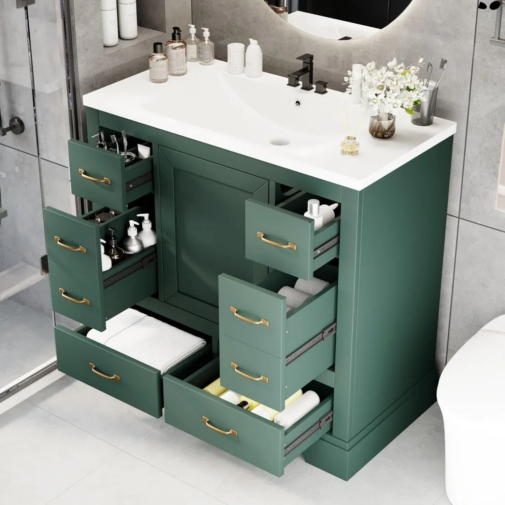 Mobile da bagno verde da 36 pollici con lavabo, sei cassetti, ripiano regolabile, porta con chiusura ammortizzata