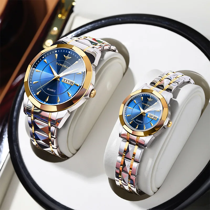 TANSHAO Relojes de pareja Reloj de pulsera de cuarzo original de moda elegante para amantes Resistente al agua Fecha luminosa Regalo de aniversario