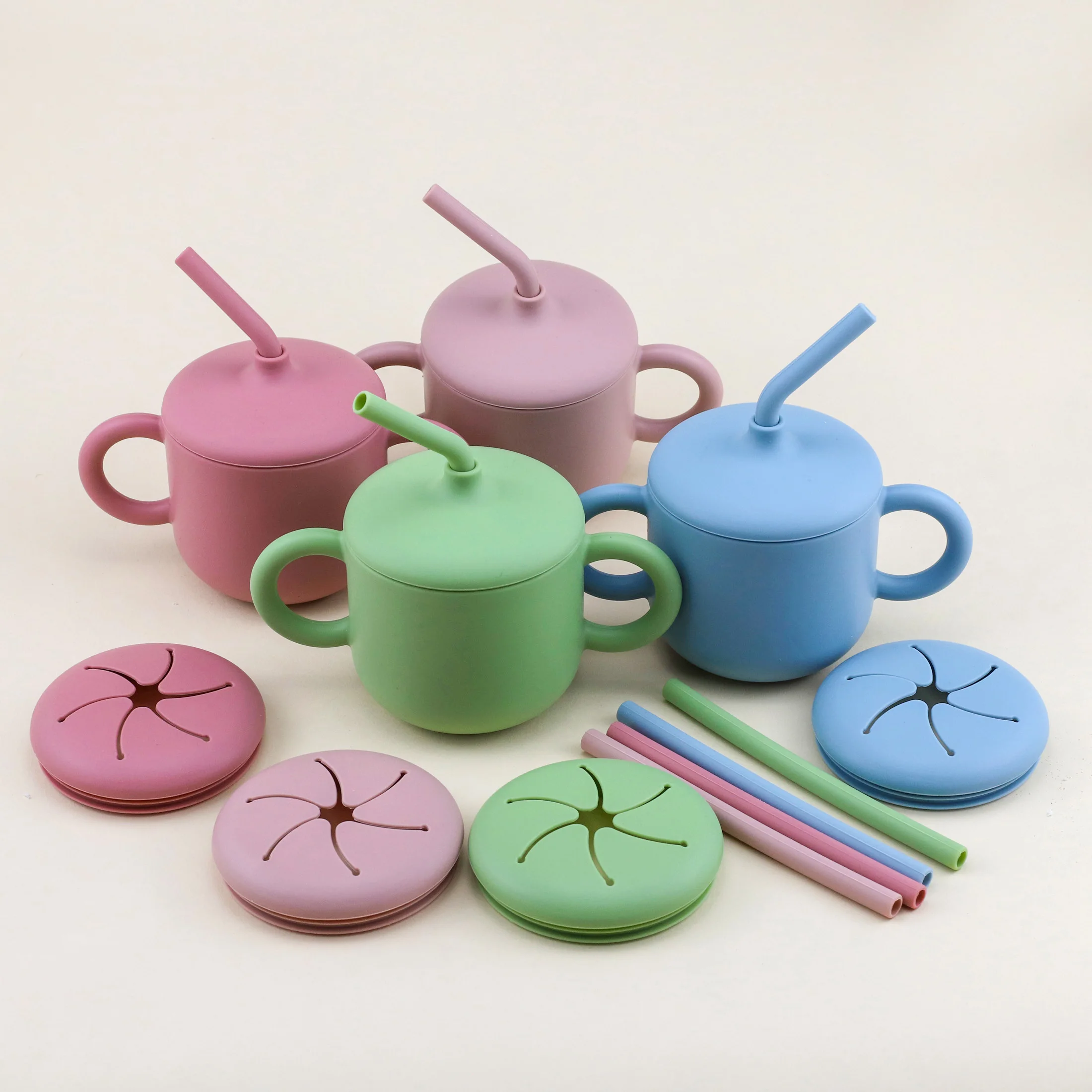Baby silicone straw cup with easy to grip handle, straight tube bend, multifunctional snack cup, water cup, straw cup