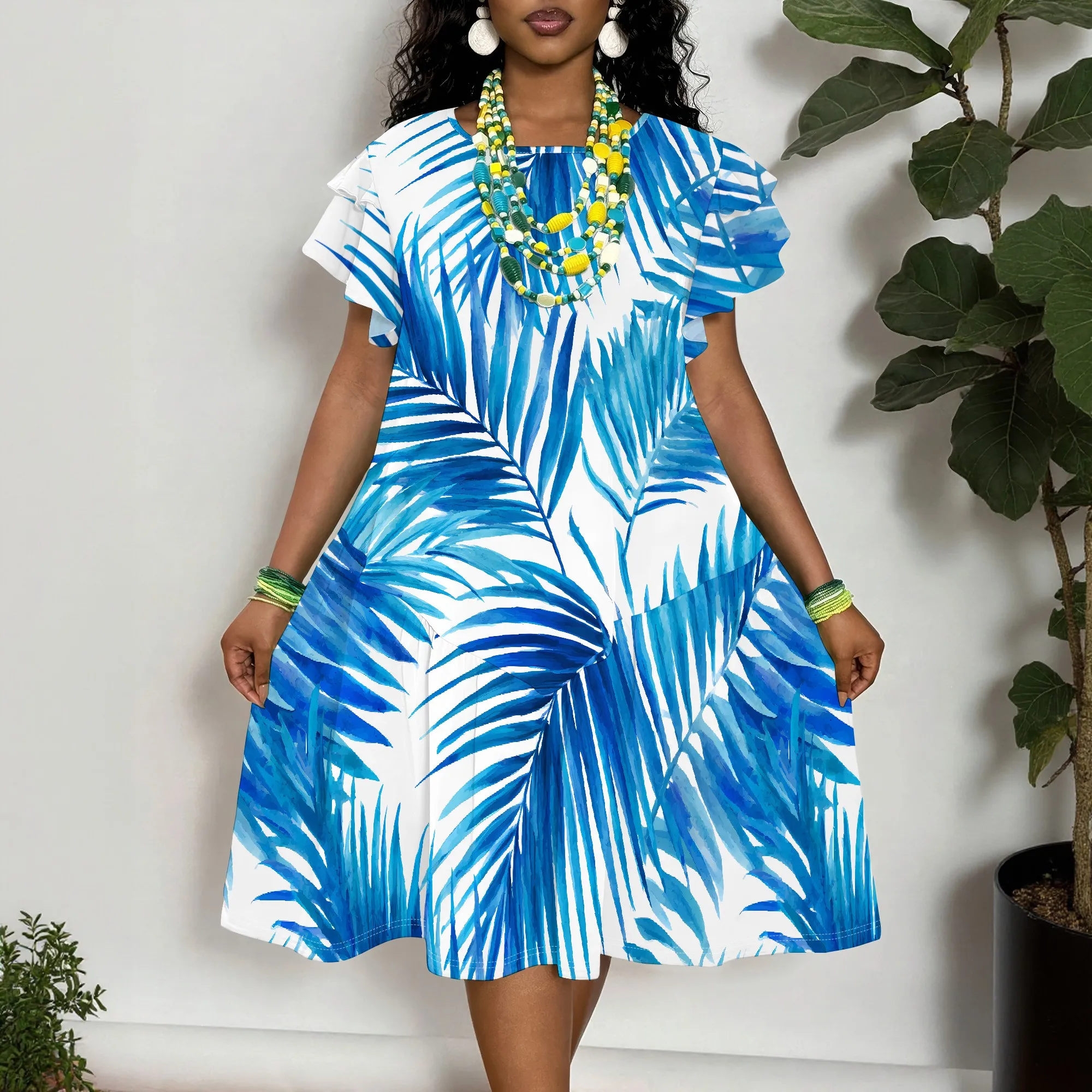 

Tropical Palm Leaf Print Short Sleeve Dress for Women, Loose Fit Summer Beach Vacation Sundress