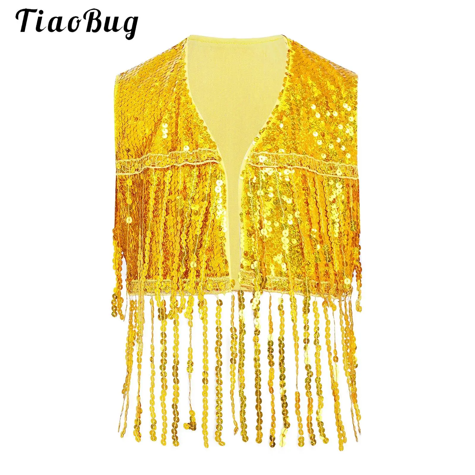 Kids Girls Sequin Tassels Vest Waistcoat Sleeveless Open Front Fringed Crop Top Carnivals Hip-hop Jazz Dance Cha-Cha Performance