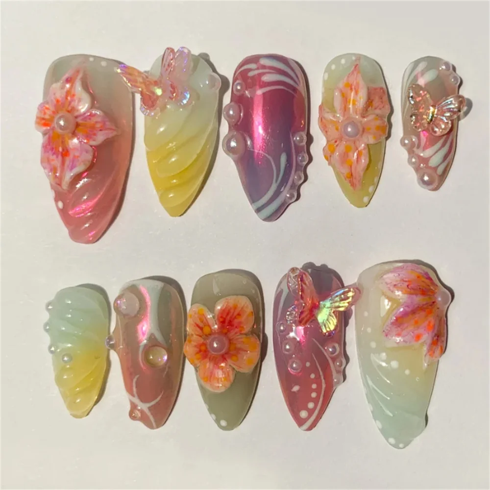 10Pcs Luxury Handmade Press On Nails Almond 3D Flower Design  Acrylic False Nails ABS Artificial Nails with Set