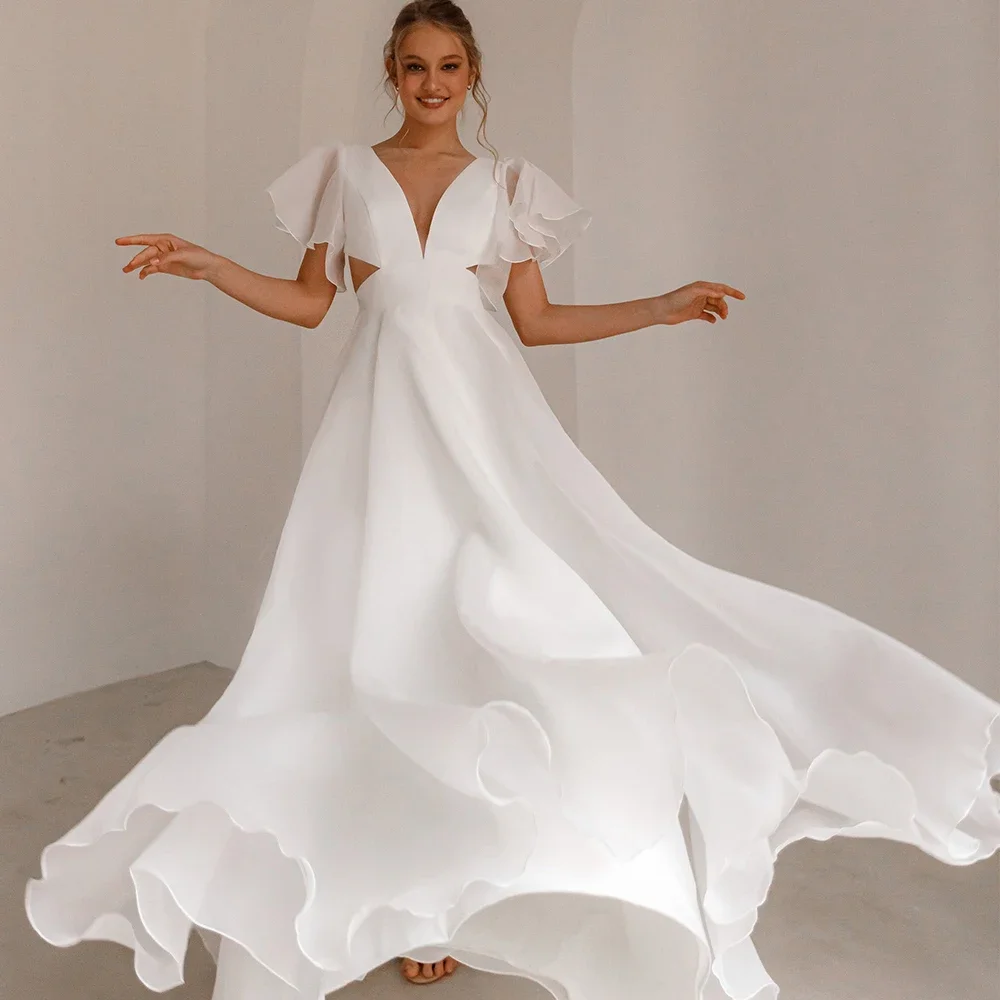 Customized White V Neck Batwing Sleeve Bridal Wedding Dress Sexy Backless Prom Gown Perspective Evening Dresses Bow Robe De Soir