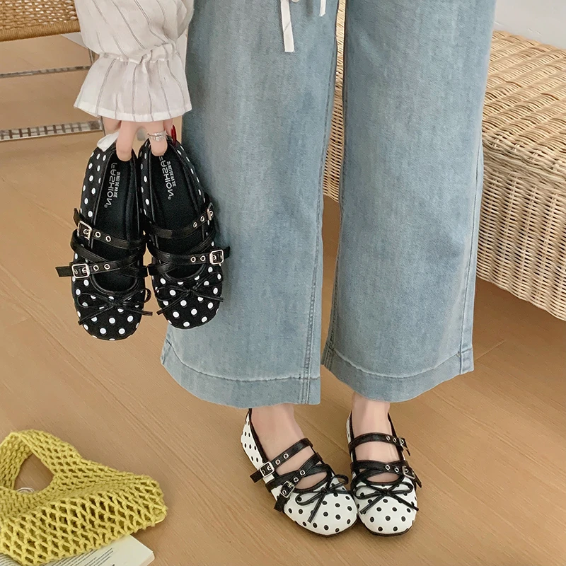 バレエシューズ-水玉模様-レディースシューズ-フラットボトム-春夏-新スタイル-ドレス-メリージェーンズ-イブニングシューズ-ファッショナブルなフラットシューズ