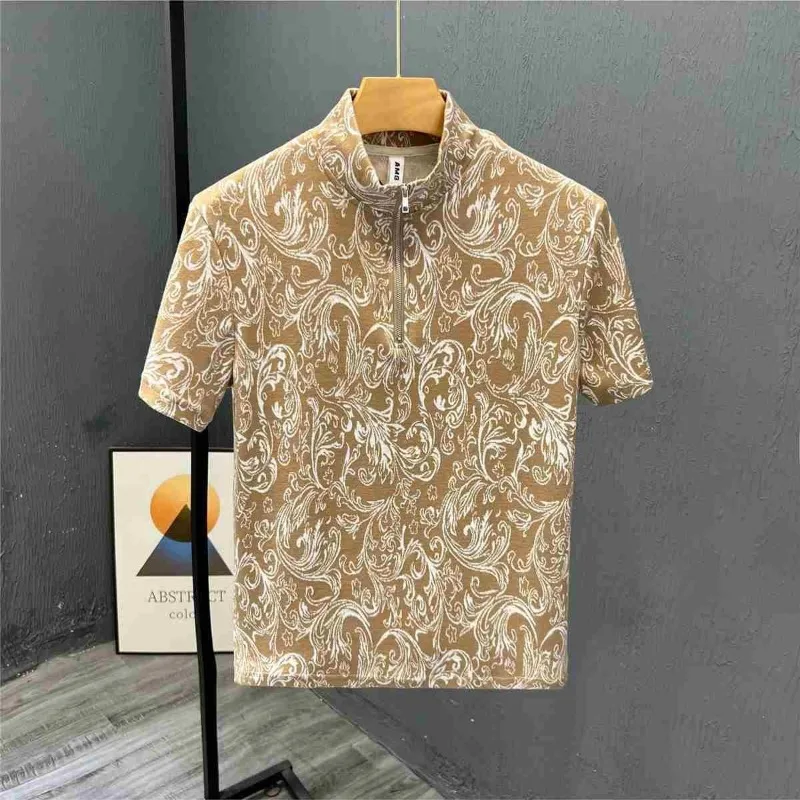 Men\'s Round Neck Zipper Short Sleeve T-shirt 2023 Summer Youth Trendy Geometric Printed Thin Contrast Color Pullover Casual Tops