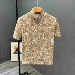 Men's Round Neck Zipper Short Sleeve T-shirt 2023 Summer Youth Trendy Geometric Printed Thin Contrast Color Pullover Casual Tops